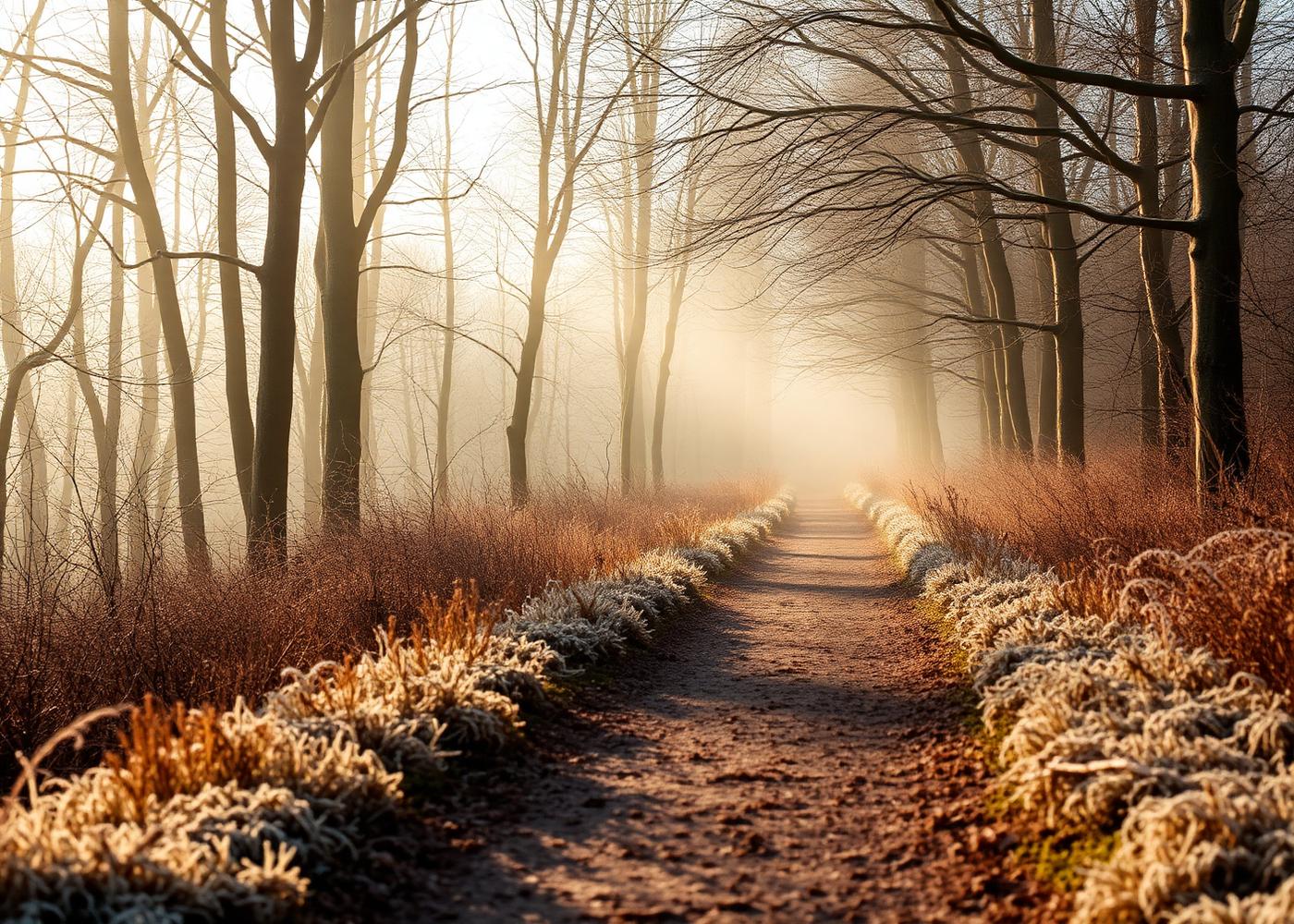 A frosted woodland path in soft morning light.